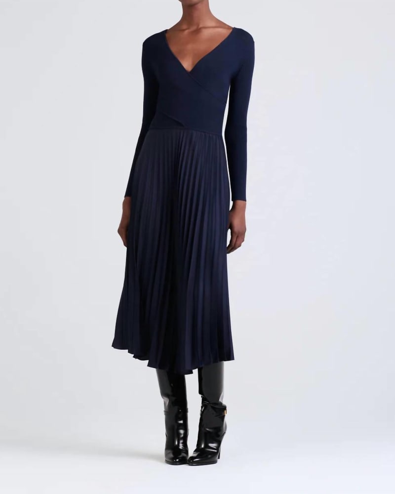 Front of a model wearing a size L Anika Wrap Pleated Sweater Dress In Navy in Navy by Derek Lam 10 Crosby. | dia_product_style_image_id:344658